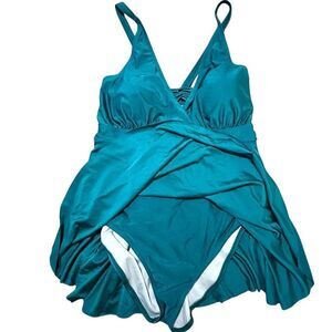 BloomChic Women's Plus Size 22W Teal Swimdress Tummy Control Skirted